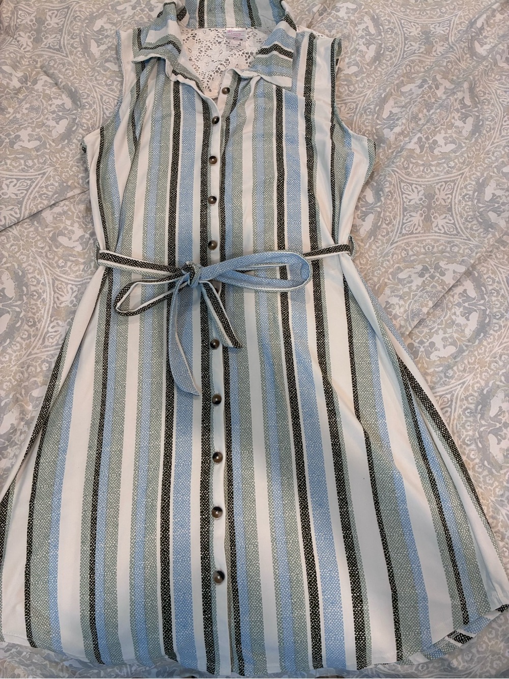 No Boundaries Sleeveless Striped Shirt Dress in Blue, White and Gray